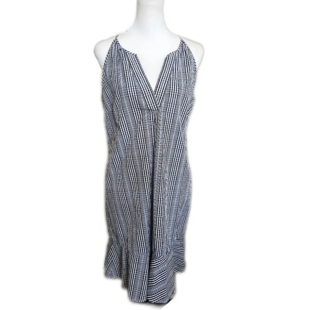 J. Crew 100% Cotton Black White Blue Plaid Knee Length Halter Dress, 10